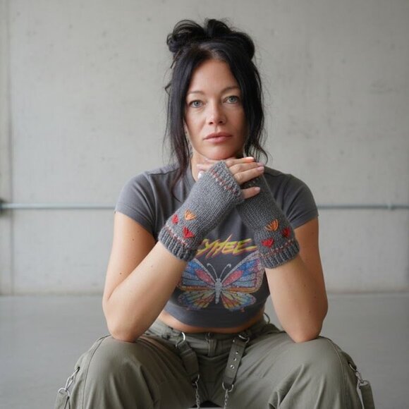 Gray Multicolor Wrist Length Fingerless Gloves - Picture 1 of 4